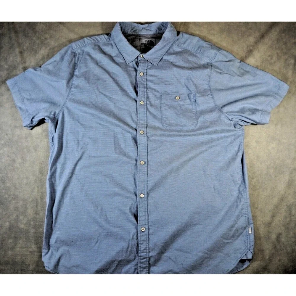 The North Face Short Sleeve Button Up Shirt Mens 2XL Blue‎ White Striped Stretch